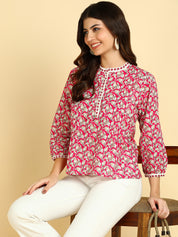 Women Casual Block Printed Cotton Regular Fit Top (W1683)