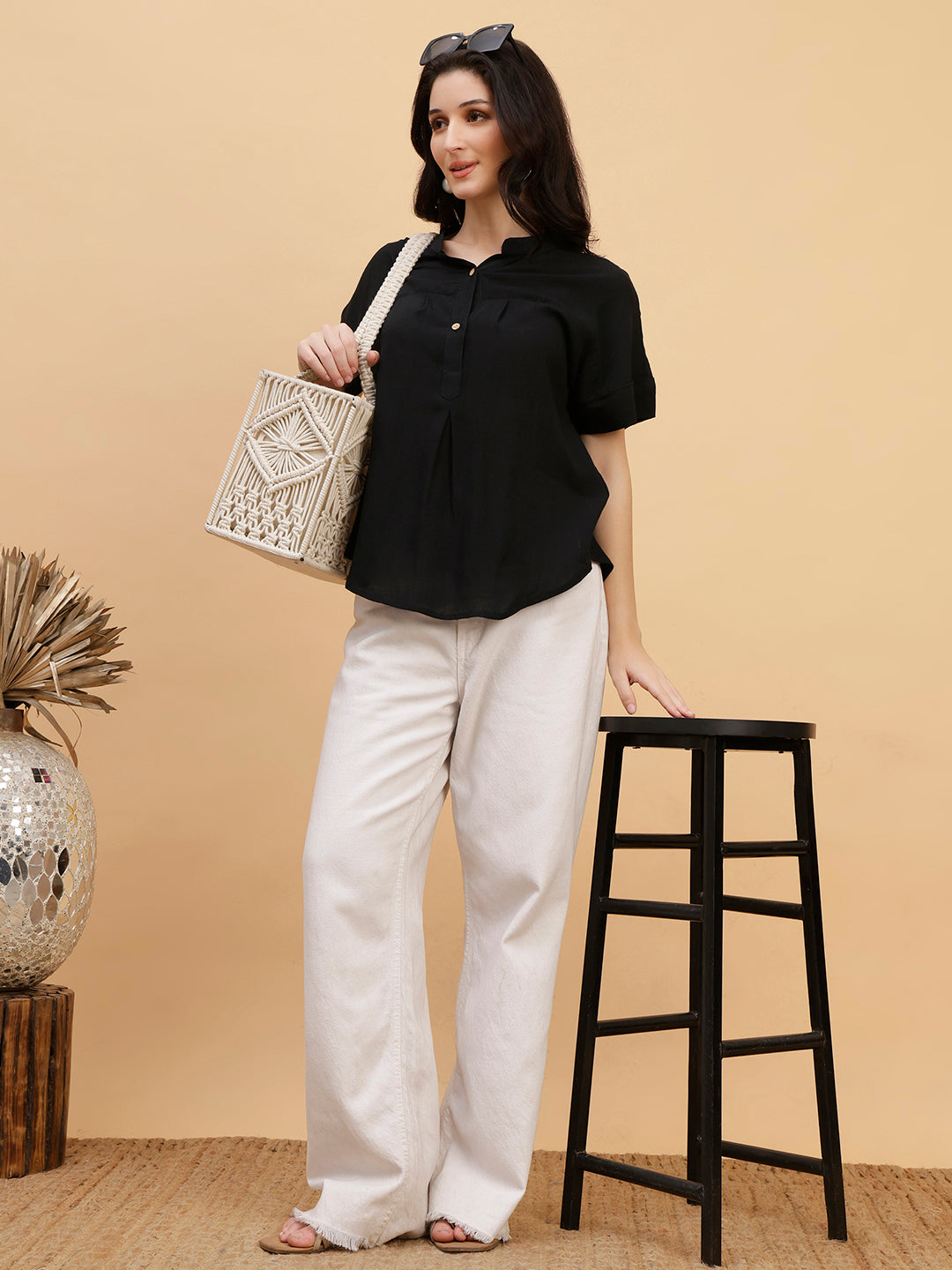 Women Black Solid Rayon Casual Top (W1790)