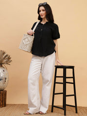 Women Black Solid Rayon Casual Top (W1790)