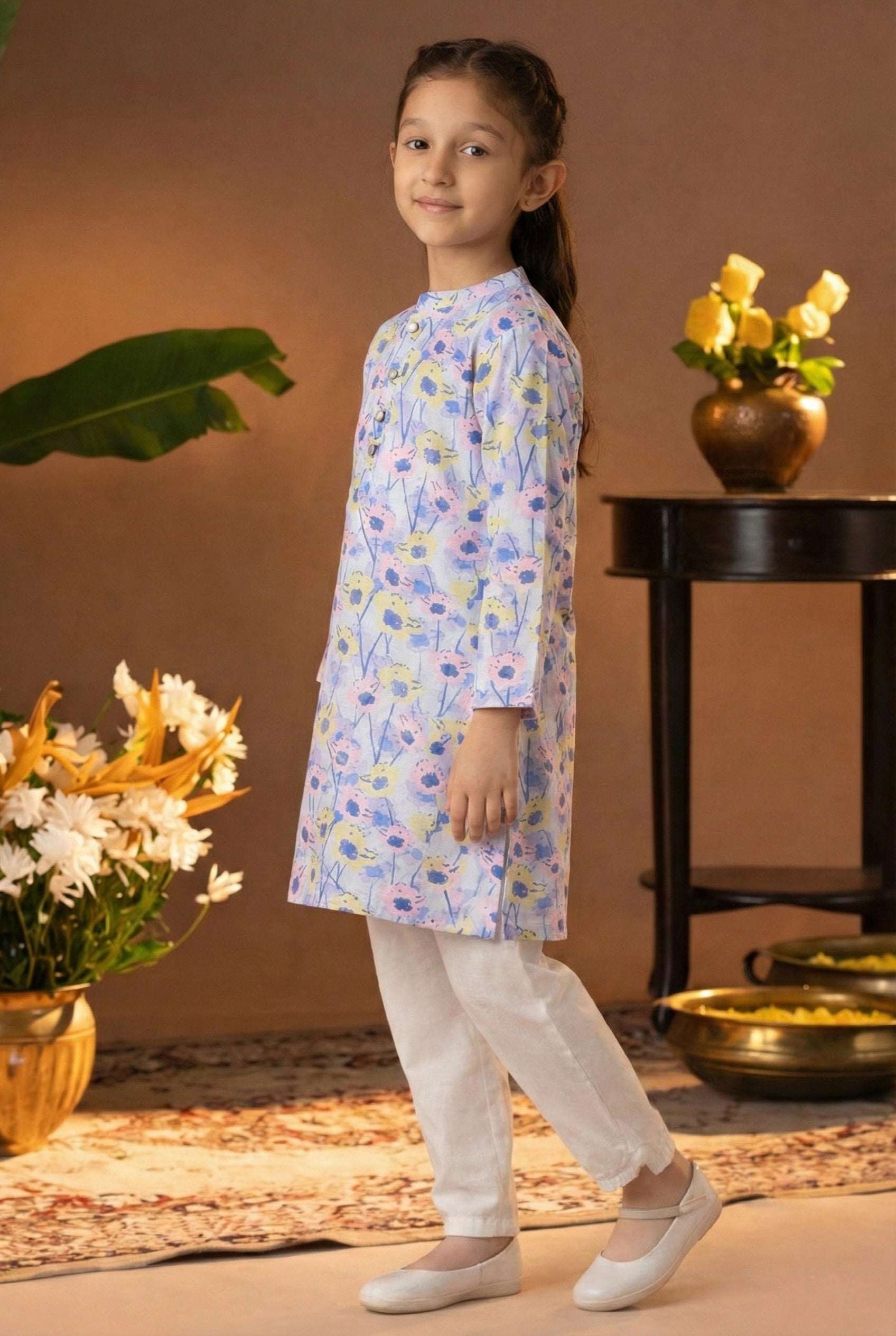 Printed Cotton Kurta Pyjama Set For Girls (K11082)