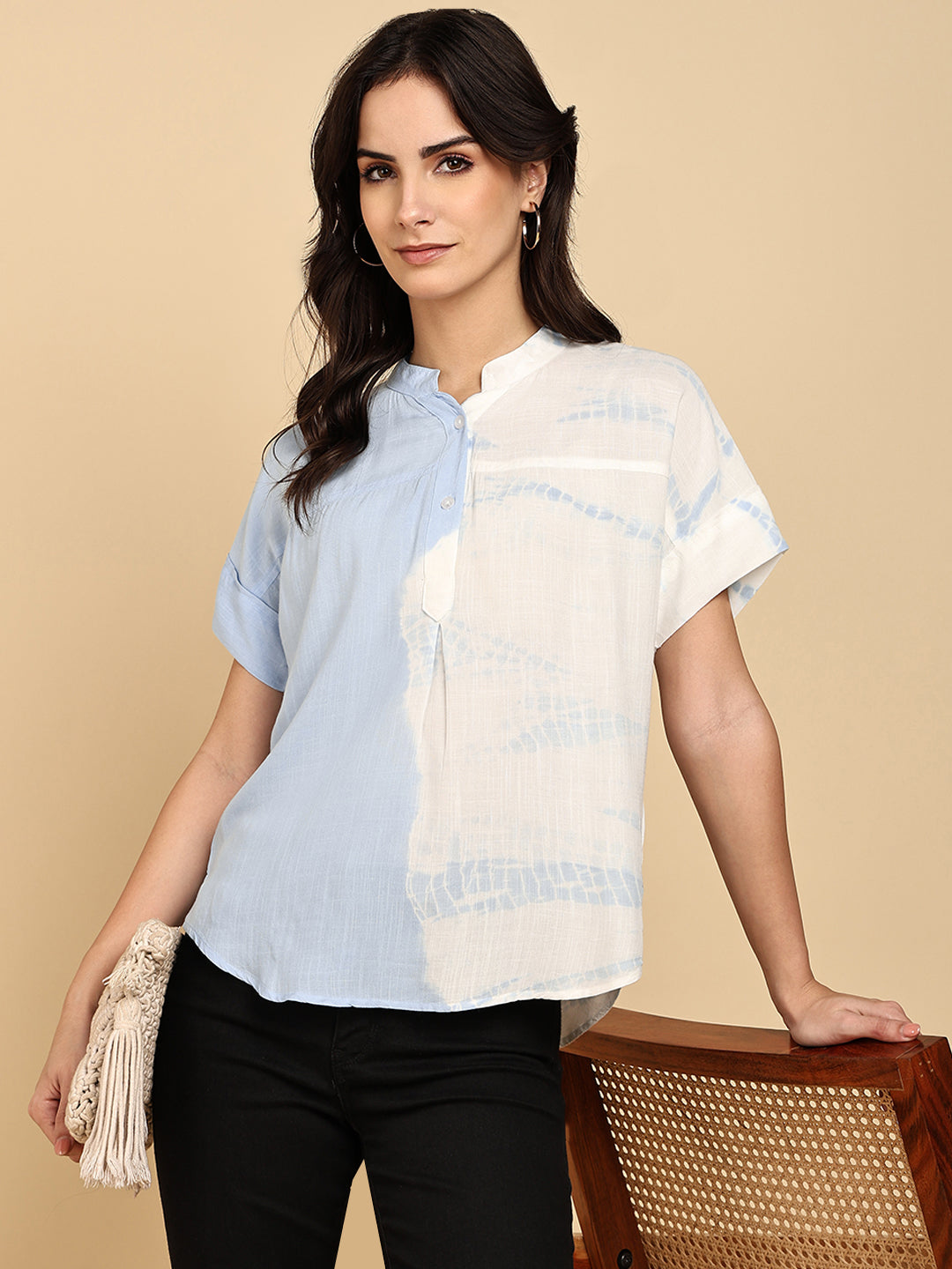 Women Casual Rayon Slub Tie & Dye Mandarin Short Sleeves Regular Fit Top (W1700)