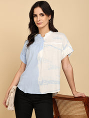 Women Casual Rayon Slub Tie & Dye Mandarin Short Sleeves Regular Fit Top (W1700)
