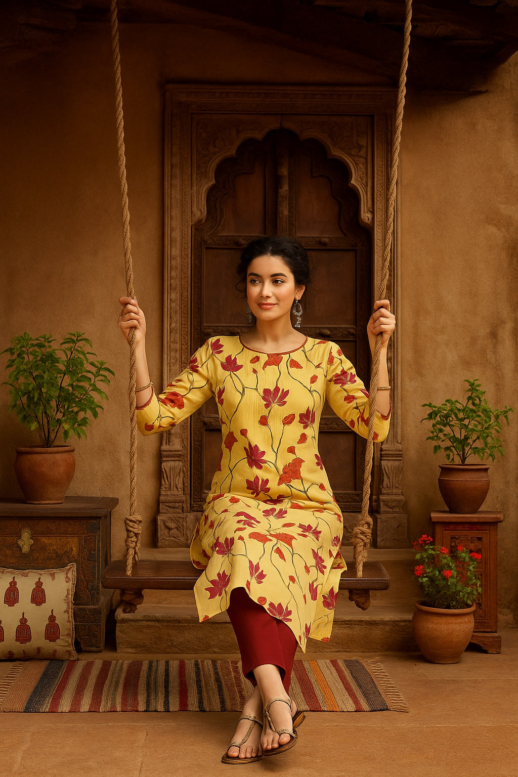 Women Handmade Floral Pure Cotton Straight Yellow Kurta (W1584)