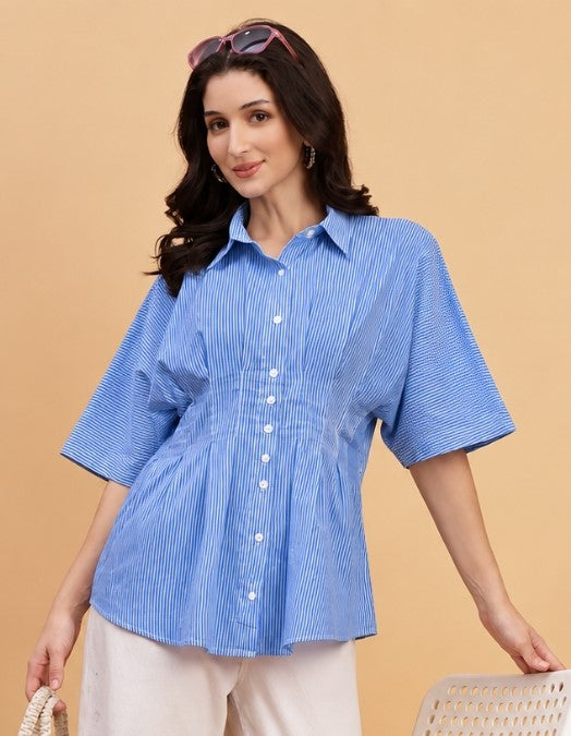 Women Pleated Blue Striped Camric Casual Shirt (W1811)