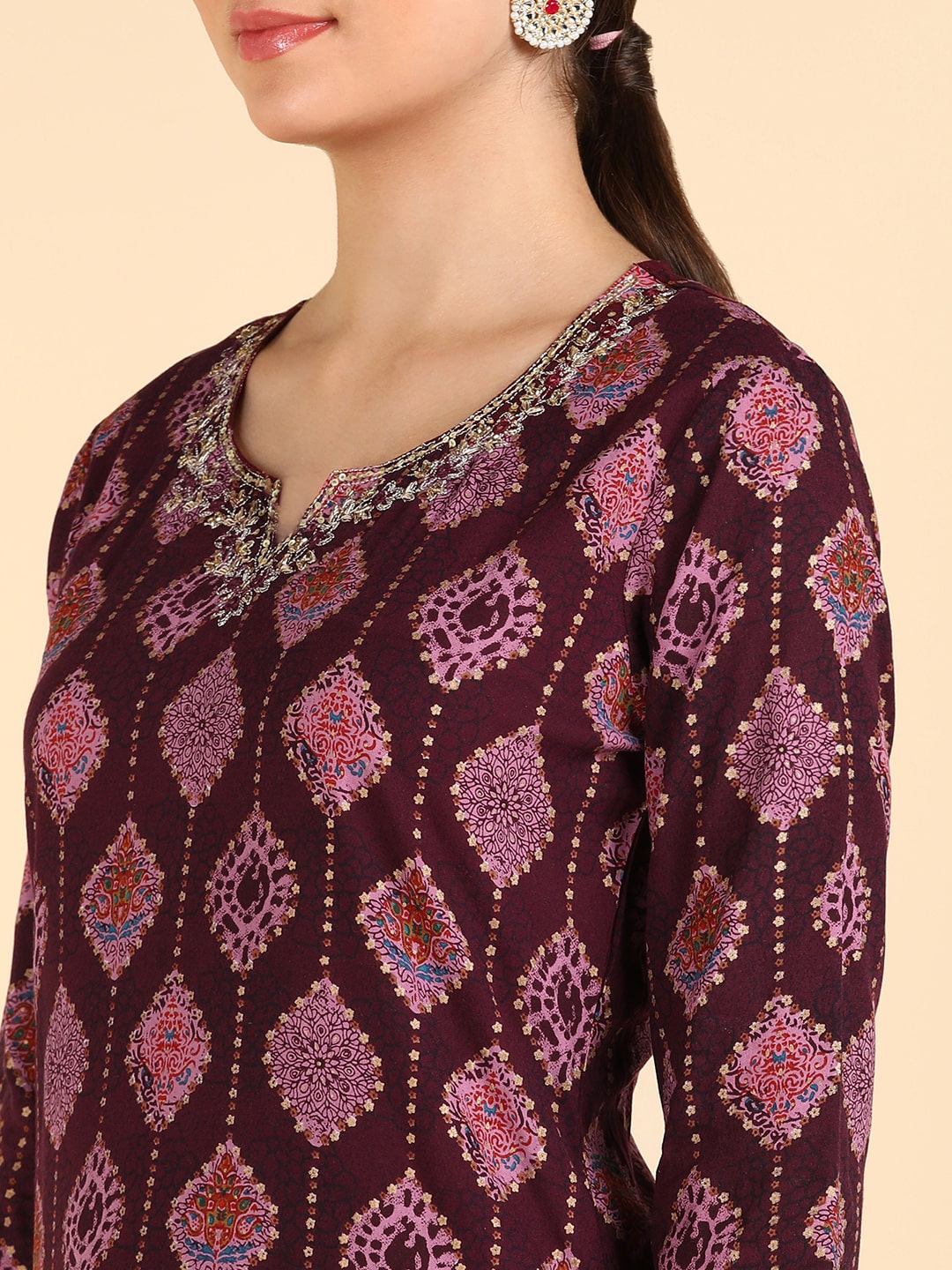 Discharge Print Wine Rayon Adda Work Suit Set With Dupatta (W1407)