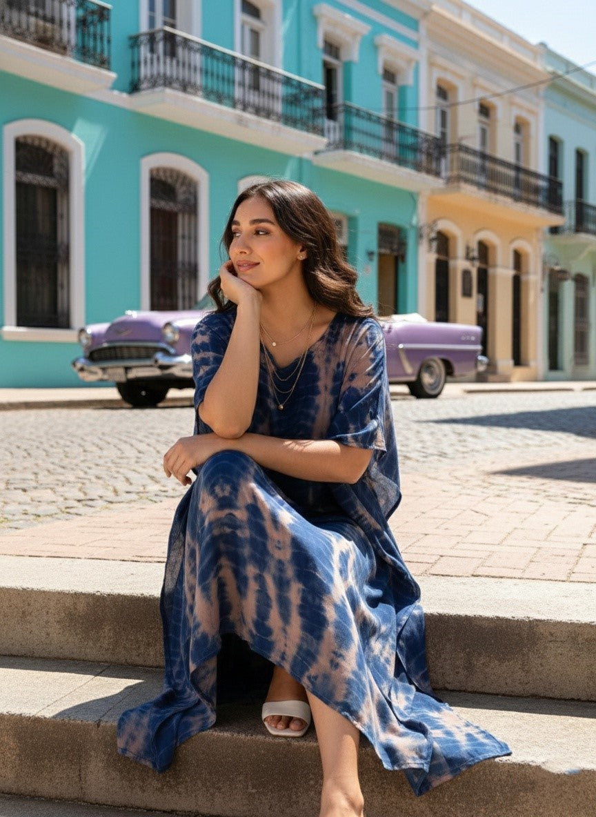 Women Rayon Tie & Dye Beige-Blue Kaftan Dress (W1206)