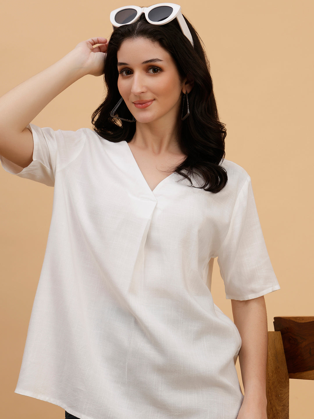 Women White Solid Rayon Casual Top (W1786)