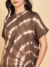 Women Casual Rayon Slub Tie & Dye Mandarin Short Sleeves Regular Fit Top (W1705)