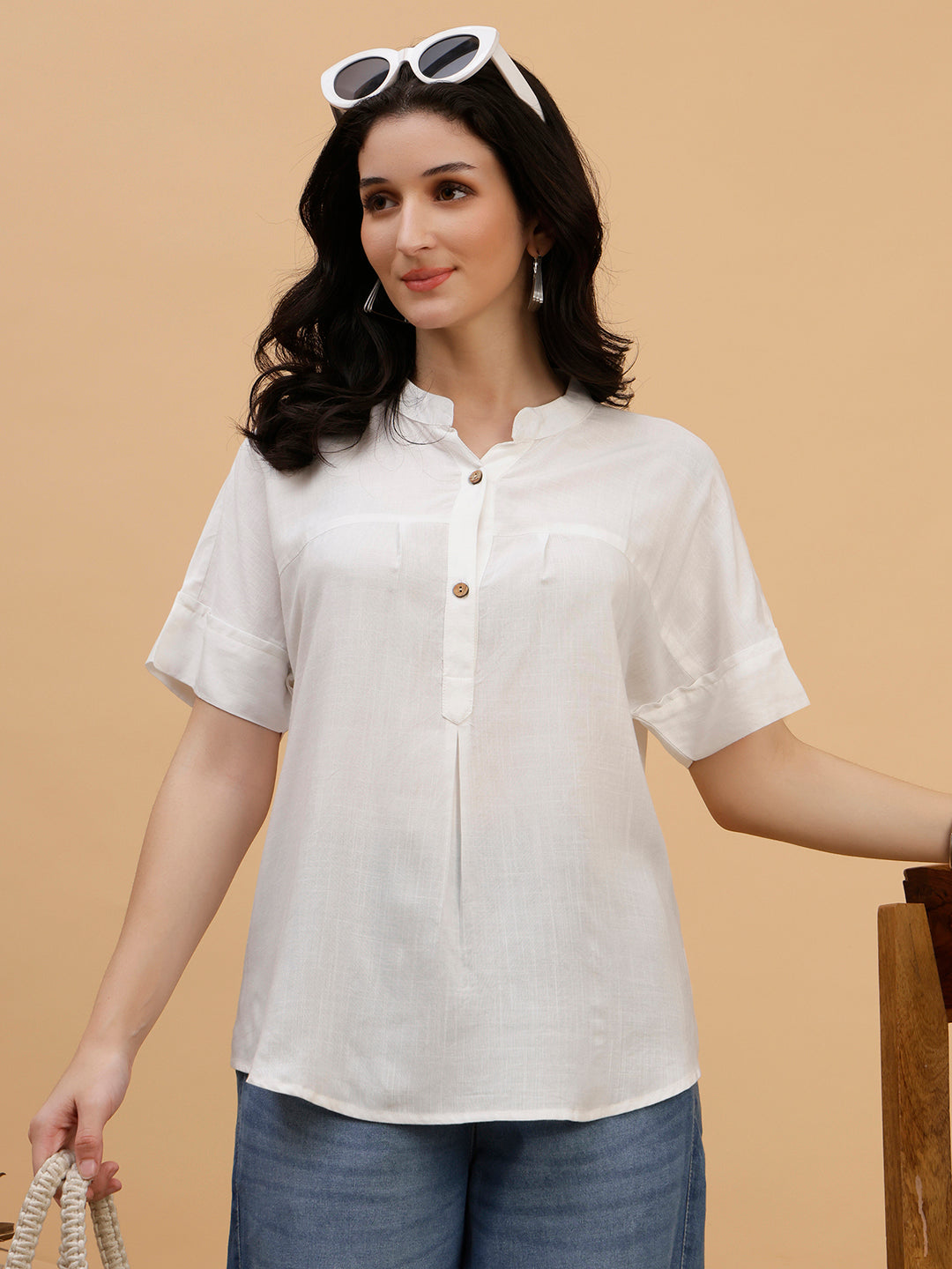 Women White Solid Rayon Casual Top (W1789)