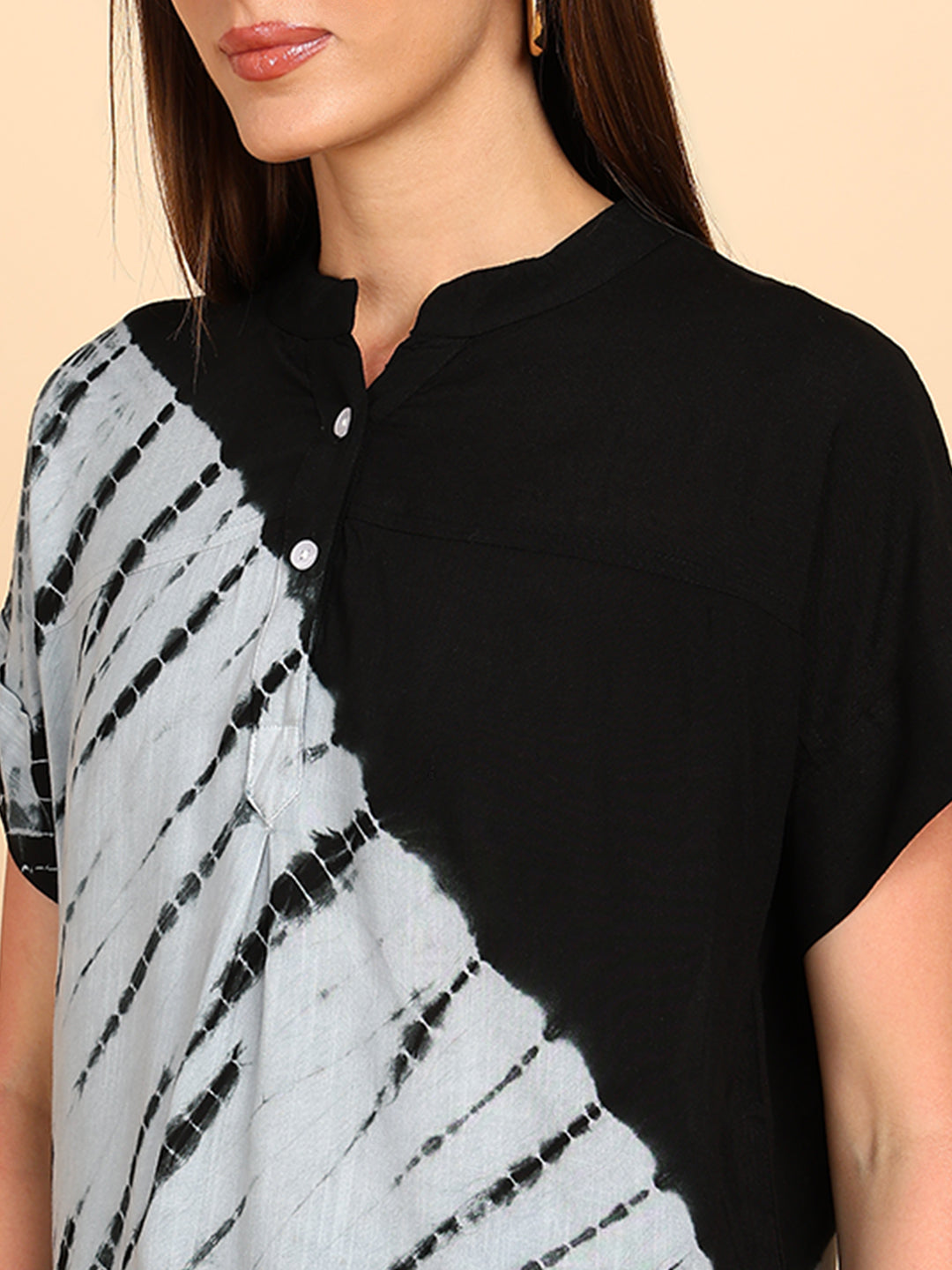 Women Rayon Slub Tie & Dye Mandarin Collar Regular Fit Top (W1769)