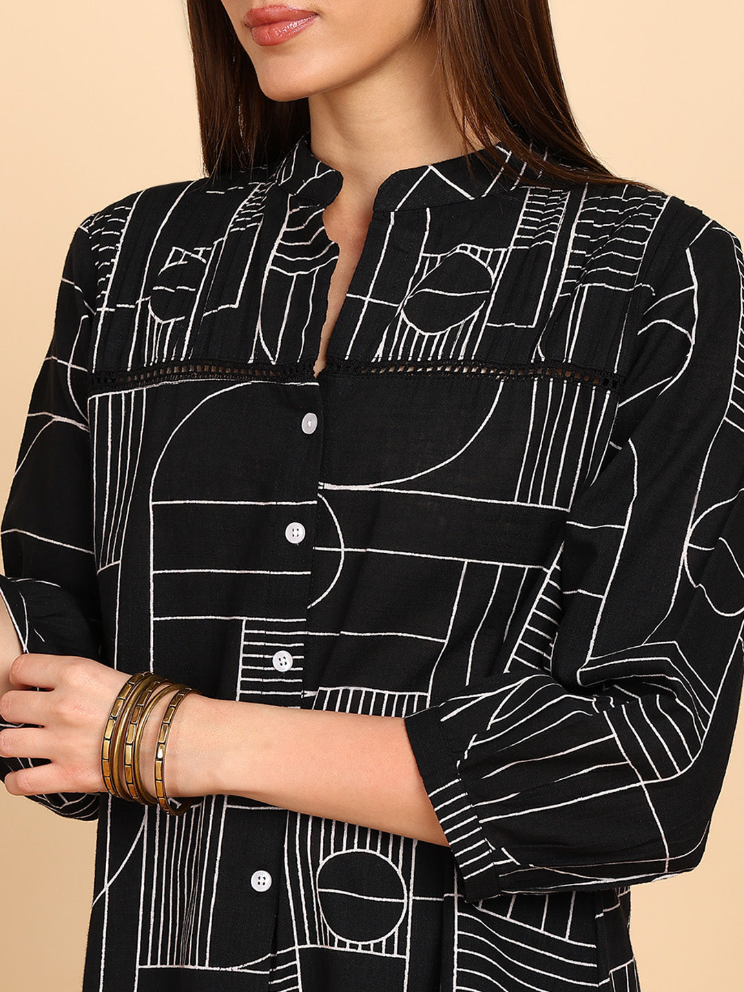 Women Cotton Slub Printed Mandarin Collar Regular Fit Shirt (W1763)