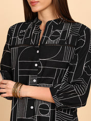 Women Cotton Slub Printed Mandarin Collar Regular Fit Shirt (W1763)