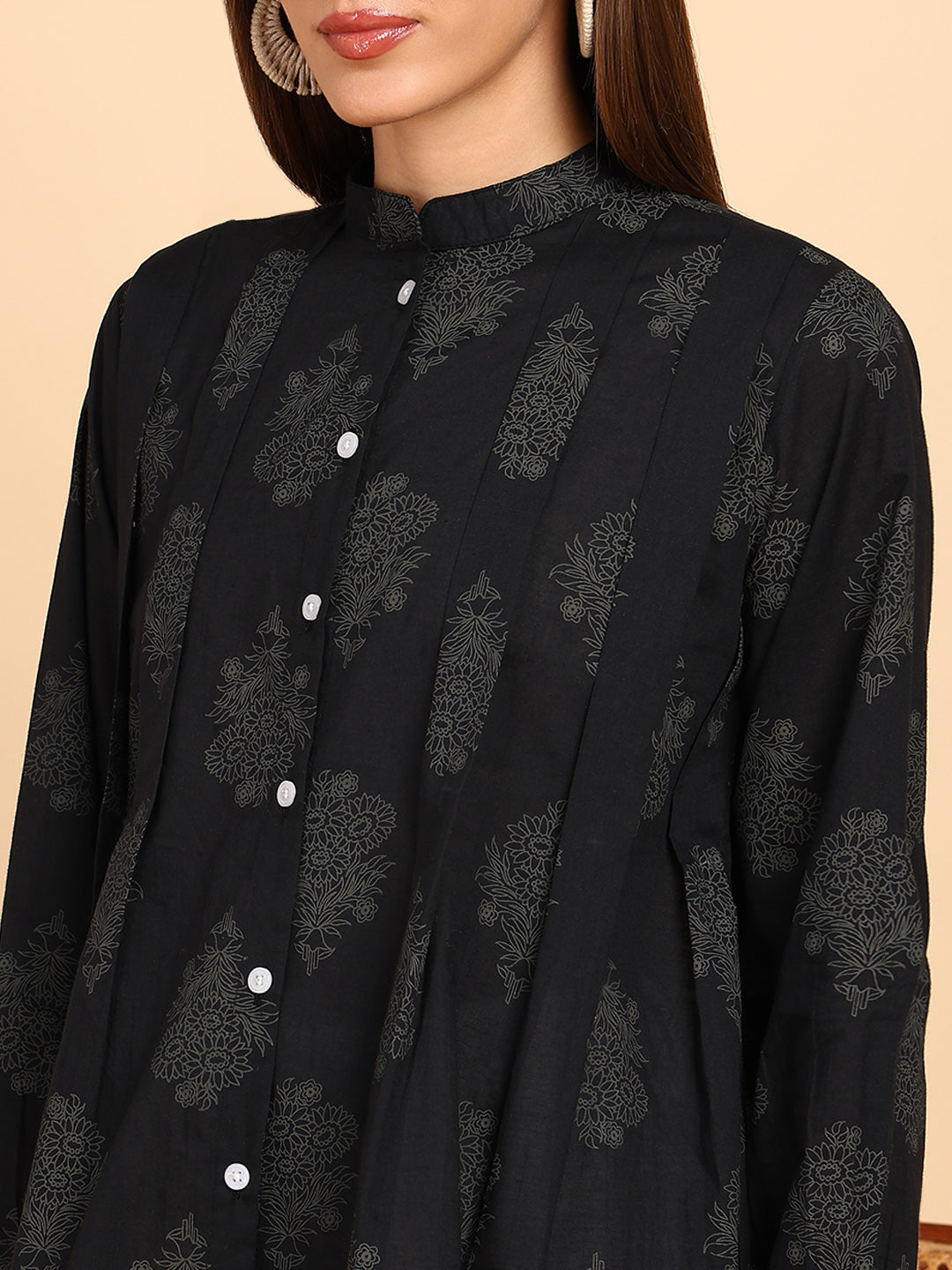 Women Cotton Printed Mandarin Collar Regular Fit Shirt (W1764)