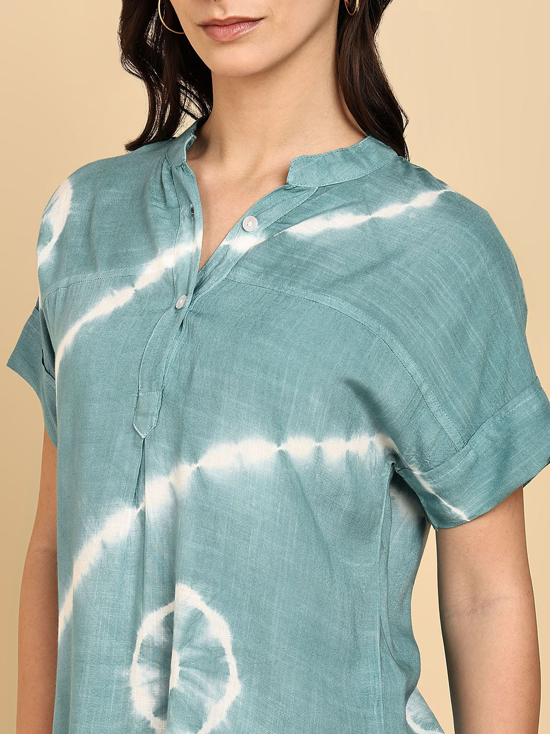 Women Casual Rayon Slub Tie & Dye Mandarin Short Sleeves Regular Fit Top (W1704)