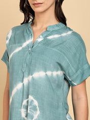 Women Casual Rayon Slub Tie & Dye Mandarin Short Sleeves Regular Fit Top (W1704)