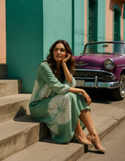 Women Handmade Floral Print Rayon Flared Light Green Dress (W1600)