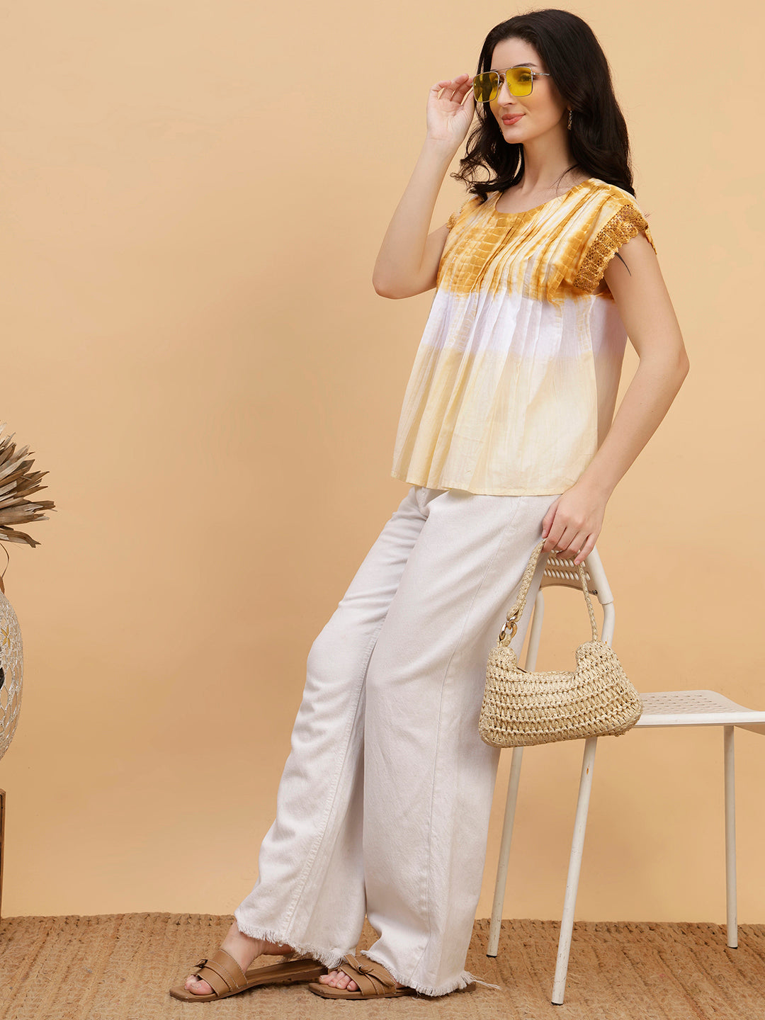 Women Brown-White Tie & Dye Camric Casual Top (W1804)