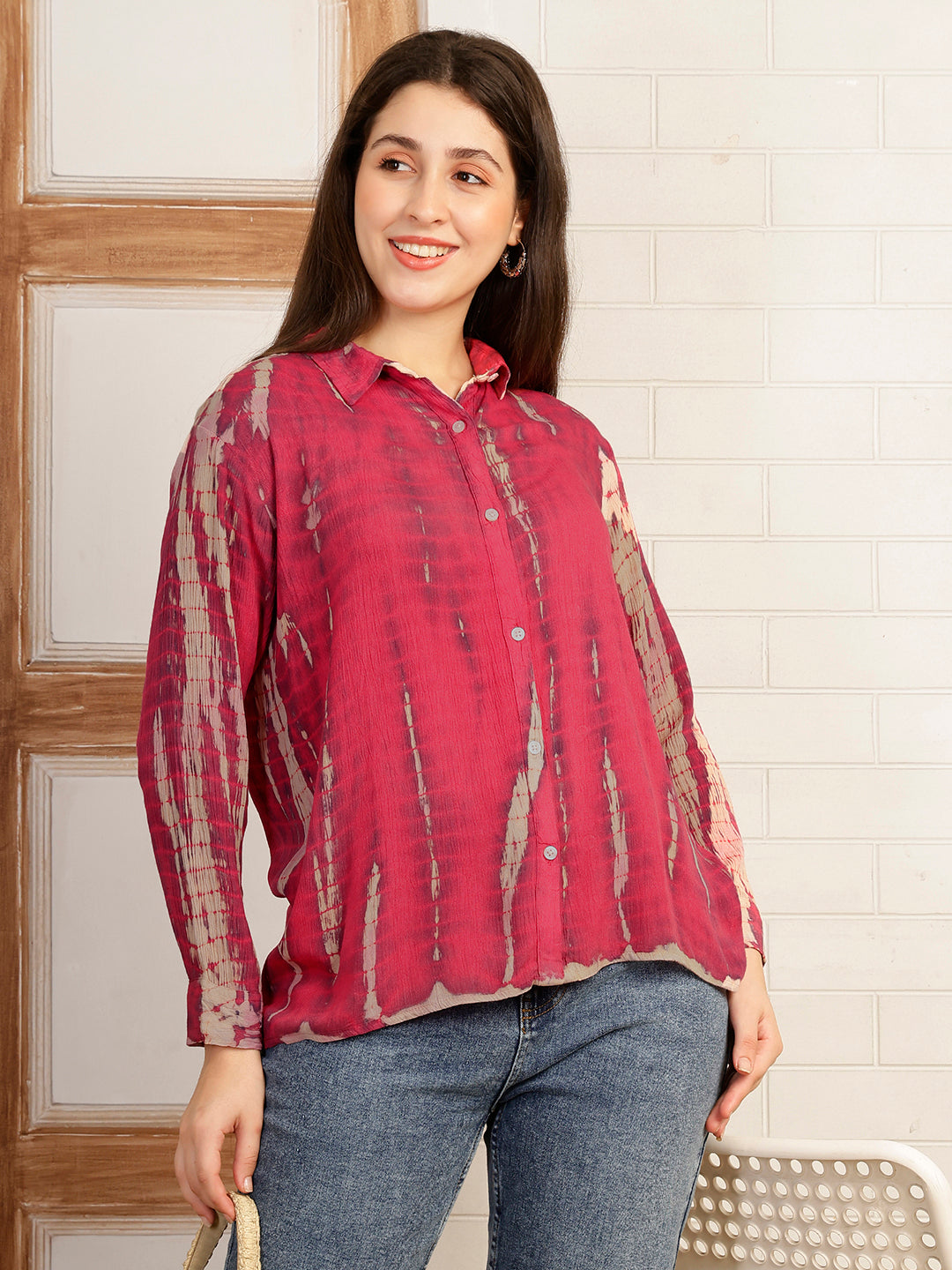 Women Hand Tie & Dye Pink Rayon Casual Shirt (W1791)