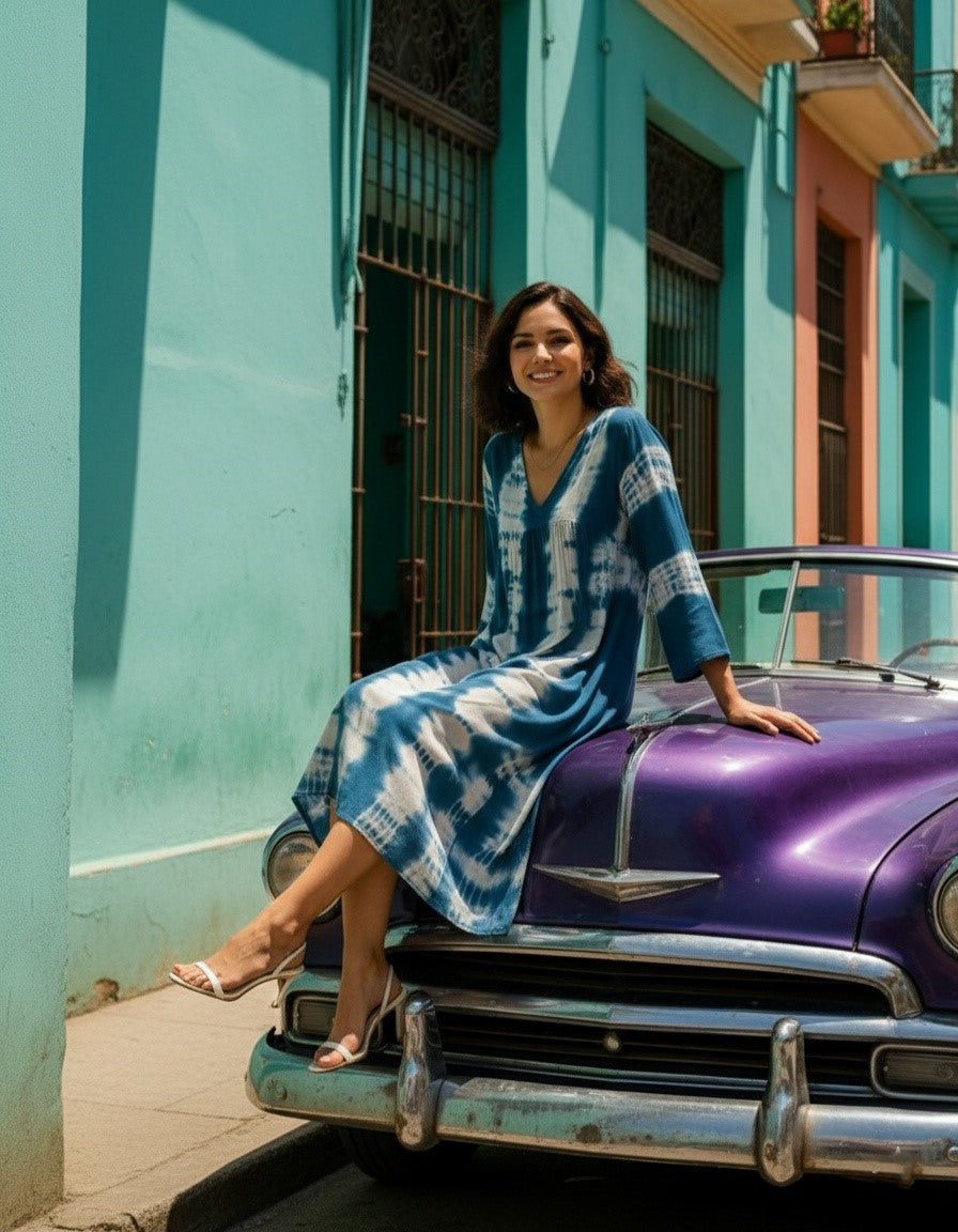 Women Handmade Dyed Rayon Flared Blue Dress (W1599)