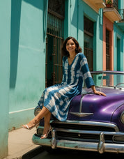 Women Handmade Dyed Rayon Flared Blue Dress (W1599)