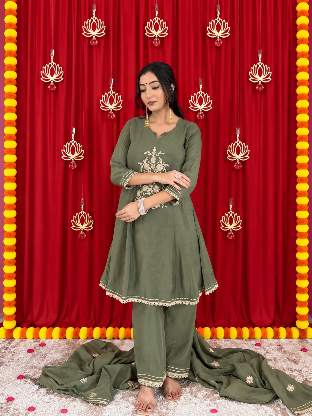 Maaesa Luxe Green Mulchanderi Festive Kurta Set | Kurta Bottom Dupatta (W10009)