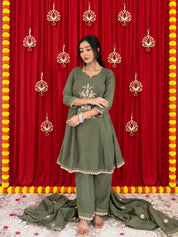 Maaesa Luxe Green Mulchanderi Festive Kurta Set | Kurta Bottom Dupatta (W10009)