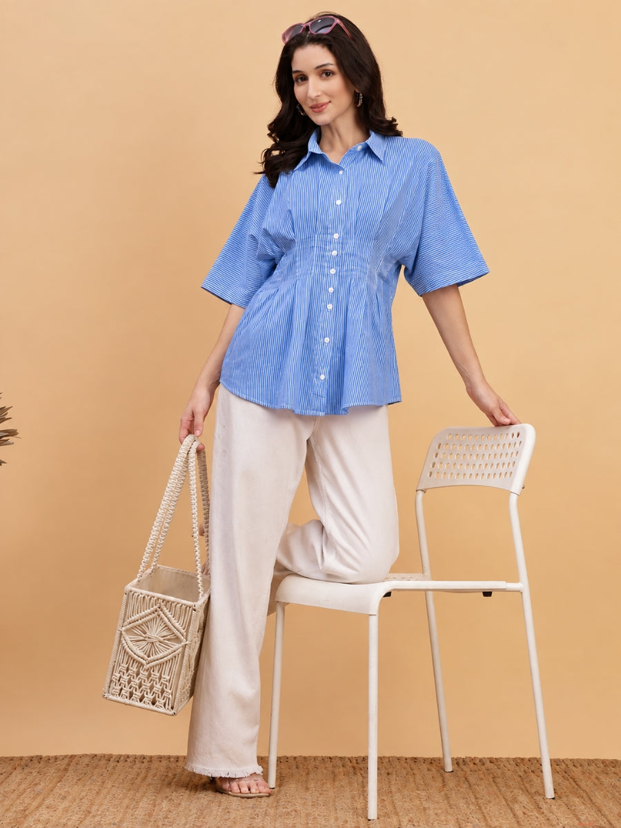 Women Pleated Blue Striped Camric Casual Shirt (W1811)