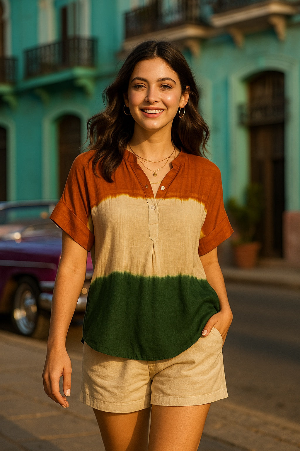 Indian Flag-Inspired Tri-Colored Ombre Dyed Casual Rayon Top (W1416)