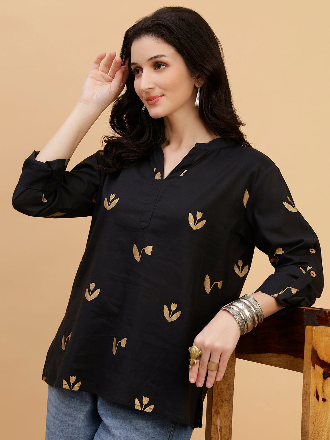 Women Black Printed Camric Casual Top (W1809)