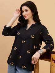 Women Black Printed Camric Casual Top (W1809)