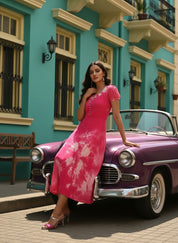 Rayon Fuchsia Tie Dye Flared Dress (W1281)