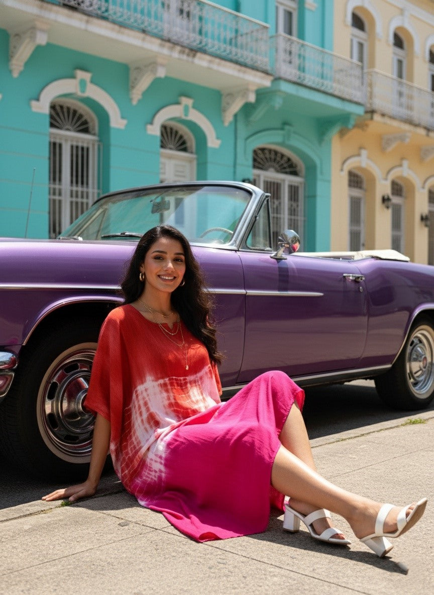 Rayon Crepe Tie Dye Brown Kaftan Dress (W1189)