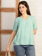 Women Aqua Blue Solid Rayon Casual Top (W1785)