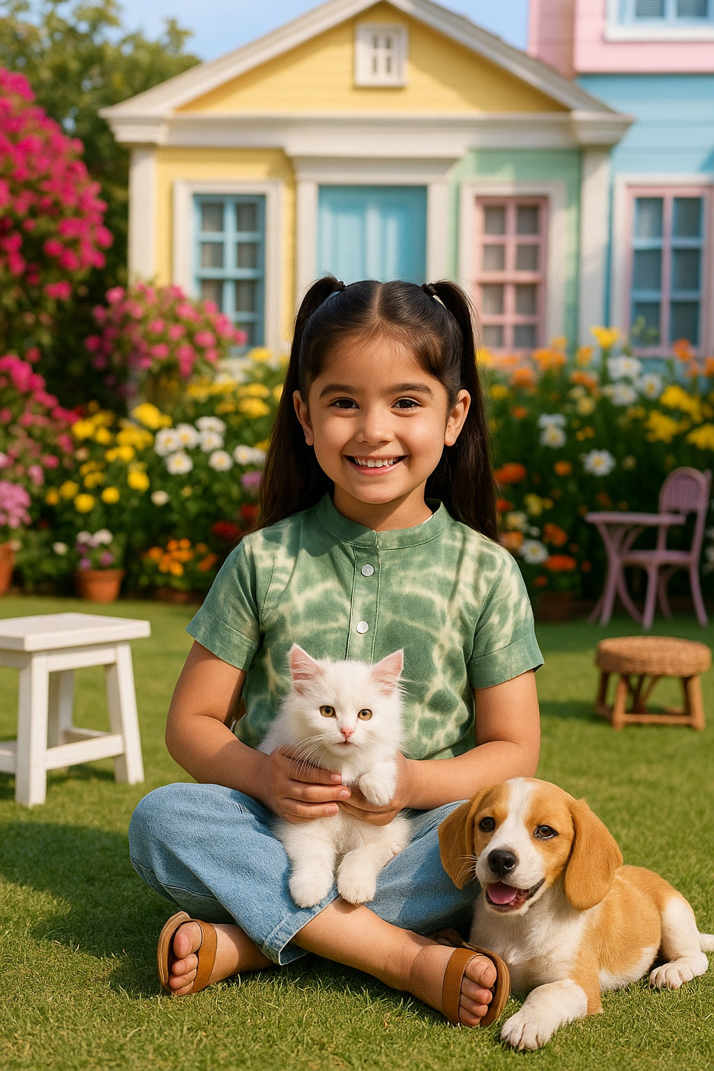 Green Ombre Tie & Dye Mandarin Collar Rayon Slub Top For Girls (K11063)