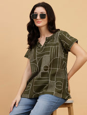 Women Green Cotton Printed Casual Top (W1793)