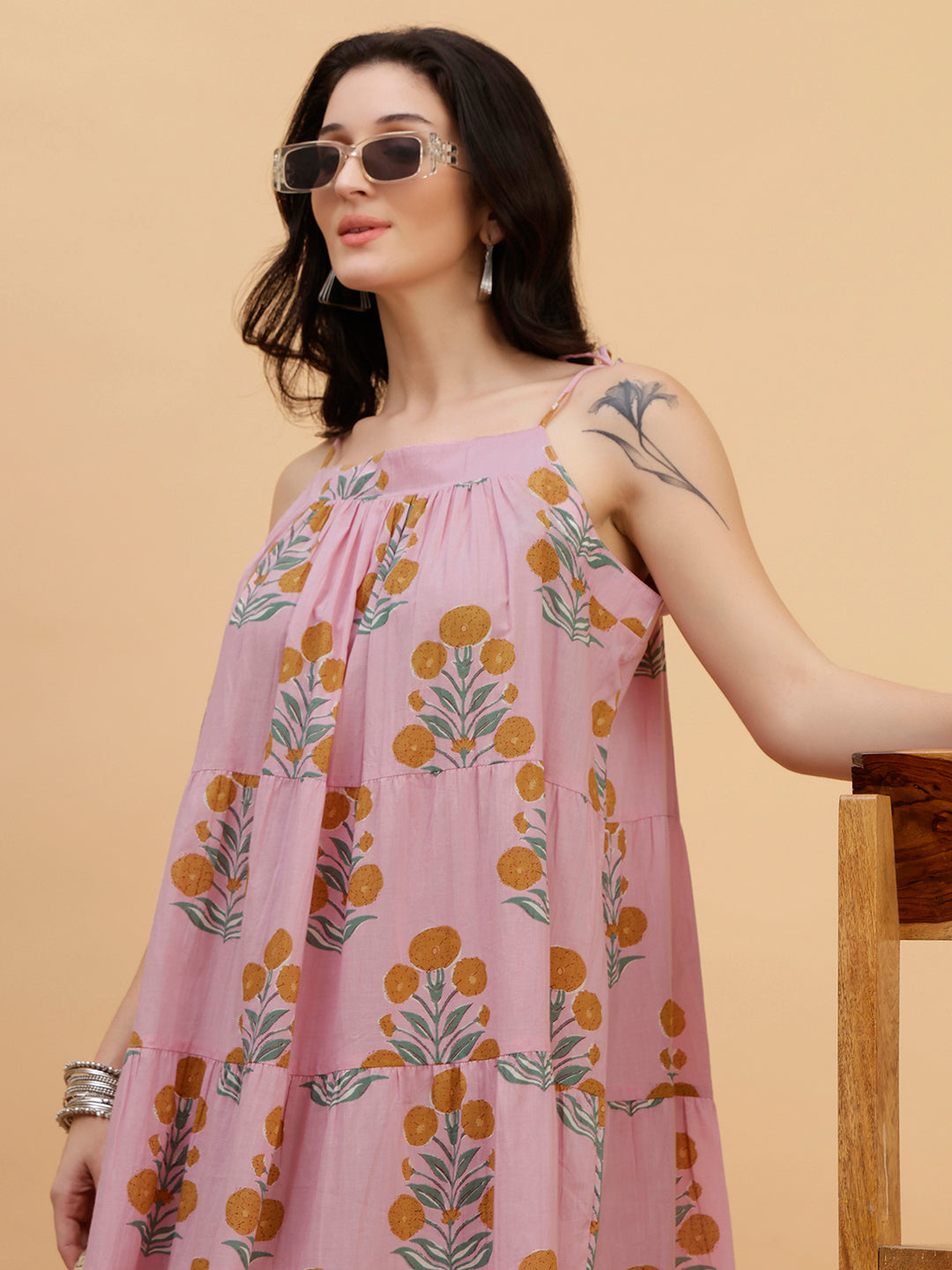 Women Pink Floral Printed Camric A-Line Dress (W1815)