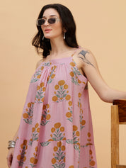 Women Pink Floral Printed Camric A-Line Dress (W1815)