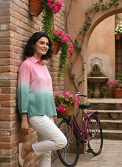 Women Handmade Tie-Dye Rayon Pink Green Shirt (W1627)