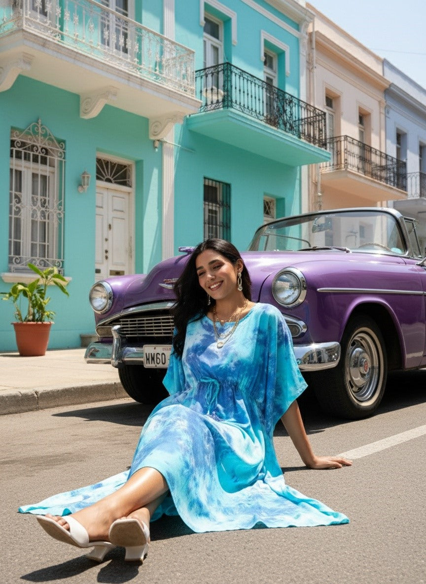 Rayon Hand Dyed Tie Dye Green Kaftan Dress (W1191)