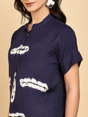 Women Casual Rayon Slub Tie & Dye Mandarin Short Sleeves Regular Fit Top (W1702)