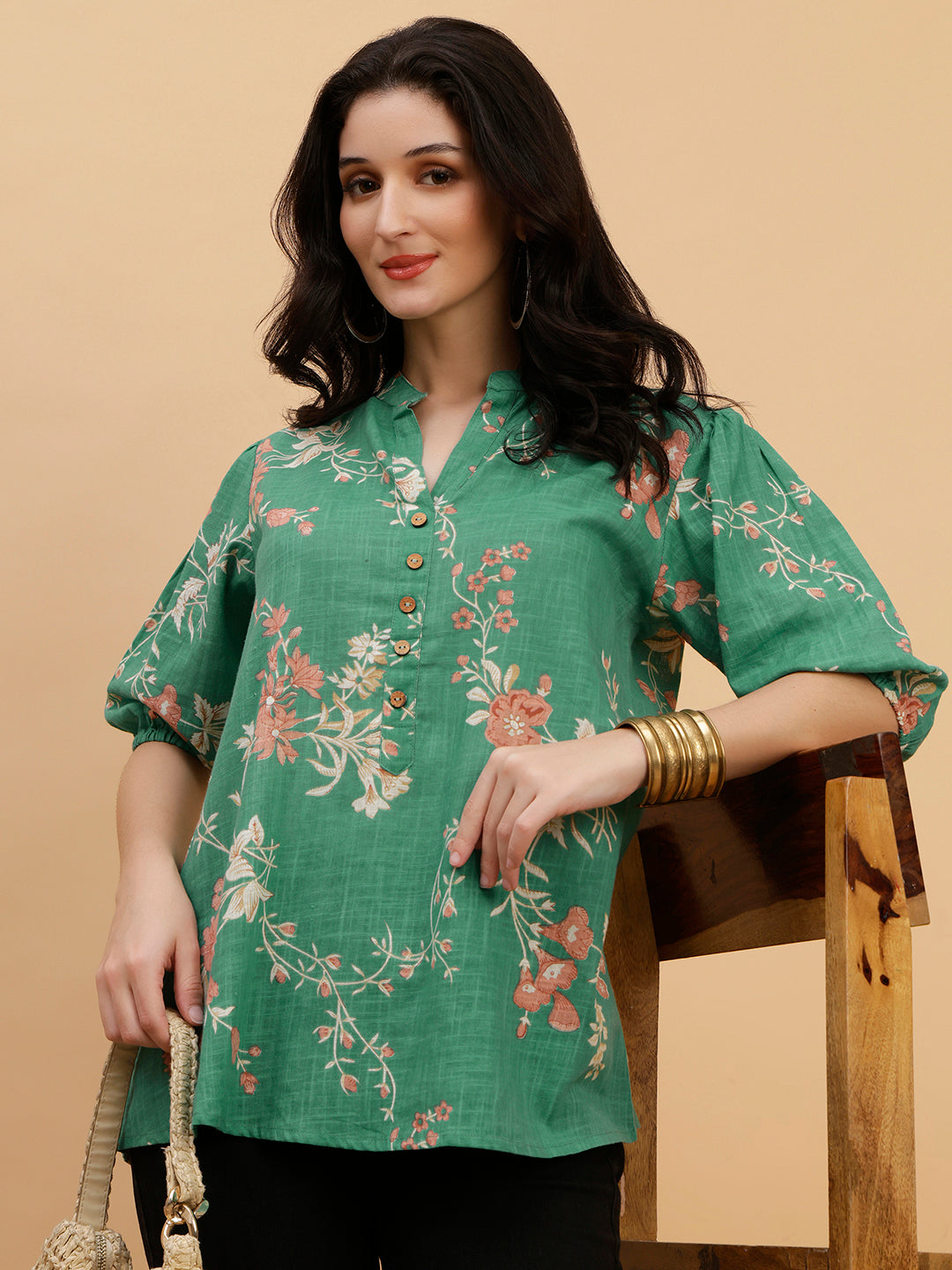Women Green  Printed Camric Casual Top (W1817)