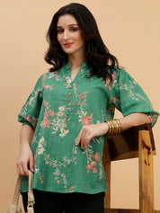 Women Green  Printed Camric Casual Top (W1817)