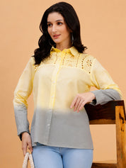 Women Yellow Embellished Tie & Dye Camric Casual Shirt (W1821)