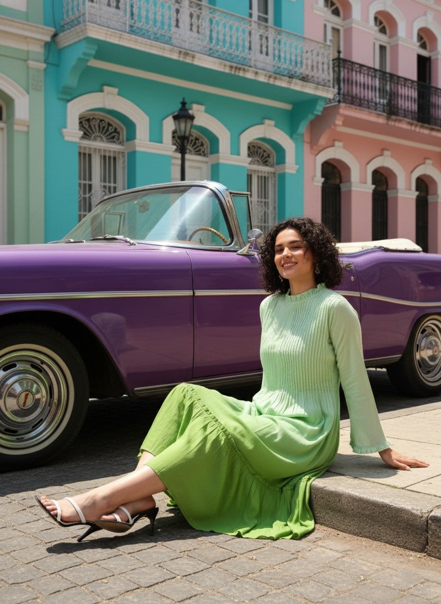 Women Handmade Self Design Cotton Blend Flared Light Green Dress (W1607)