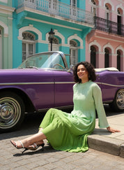 Women Handmade Self Design Cotton Blend Flared Light Green Dress (W1607)