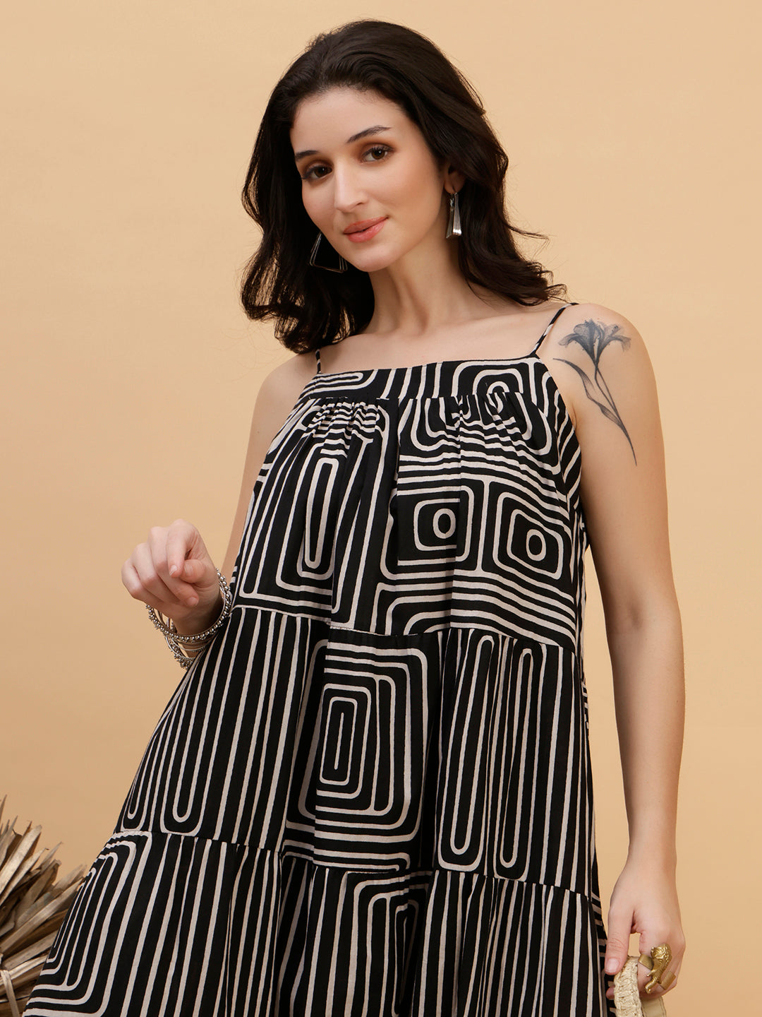 Women Casual Camric Printed Black A-Line Dress (W1816)