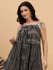 Women Casual Camric Printed Black A-Line Dress (W1816)
