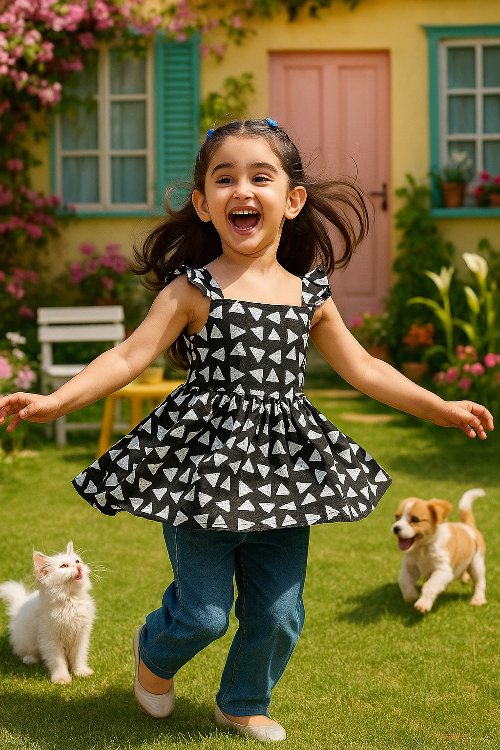 Cotton Printed Frill Shoulder Top for Girls (K1005)