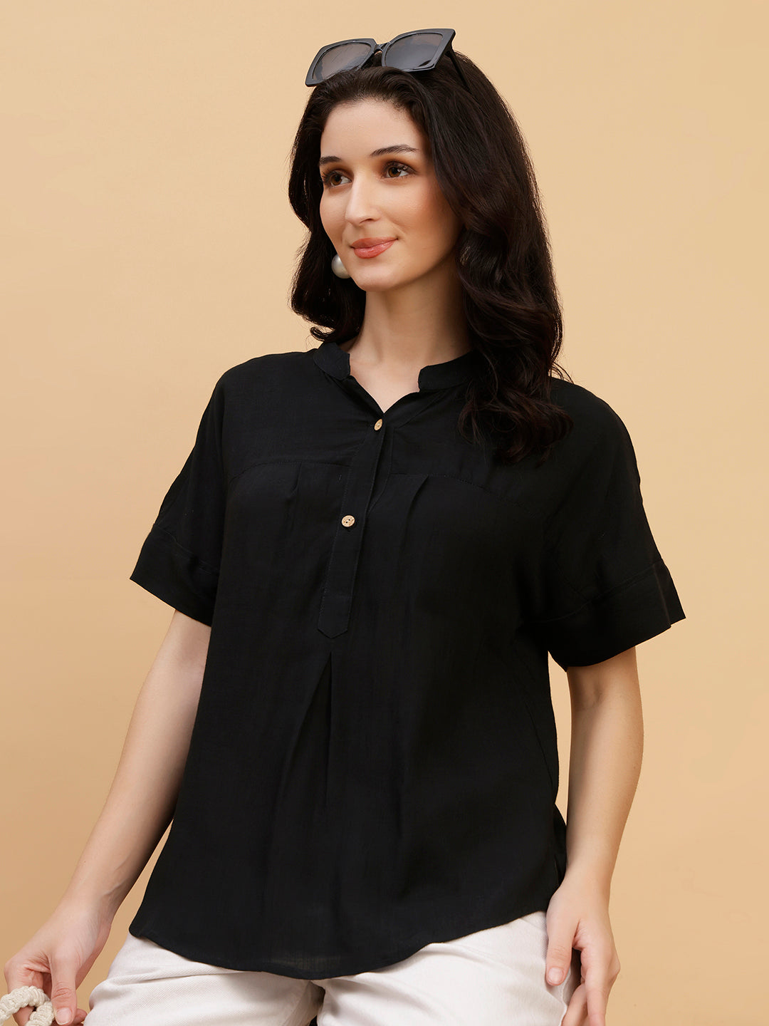 Women Black Solid Rayon Casual Top (W1790)