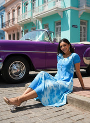 Rayon Tie and Dye Sky Blue A-Line Midi Dress (W1282)